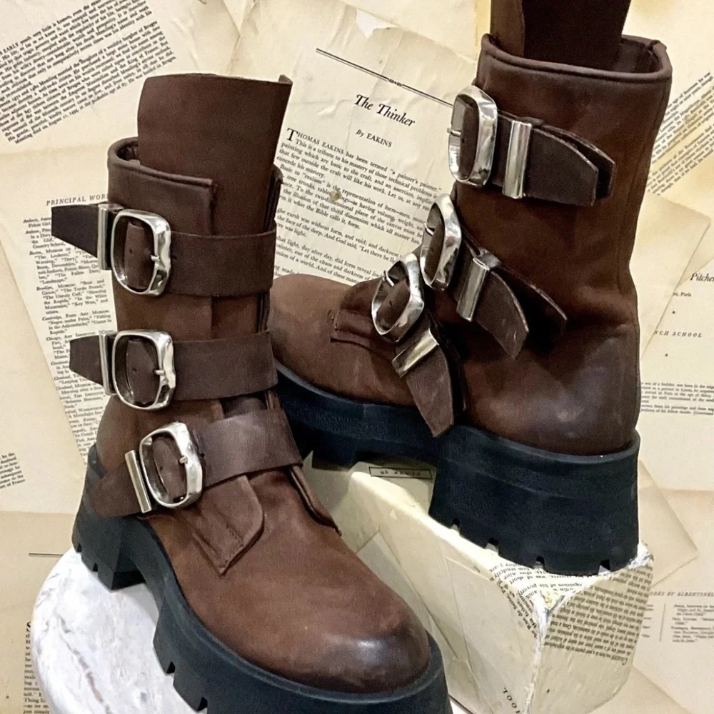 Urban Outfitters Steve Madden Roland Moto Boot Platform Lug Sole Brown - Picture 4 of 9